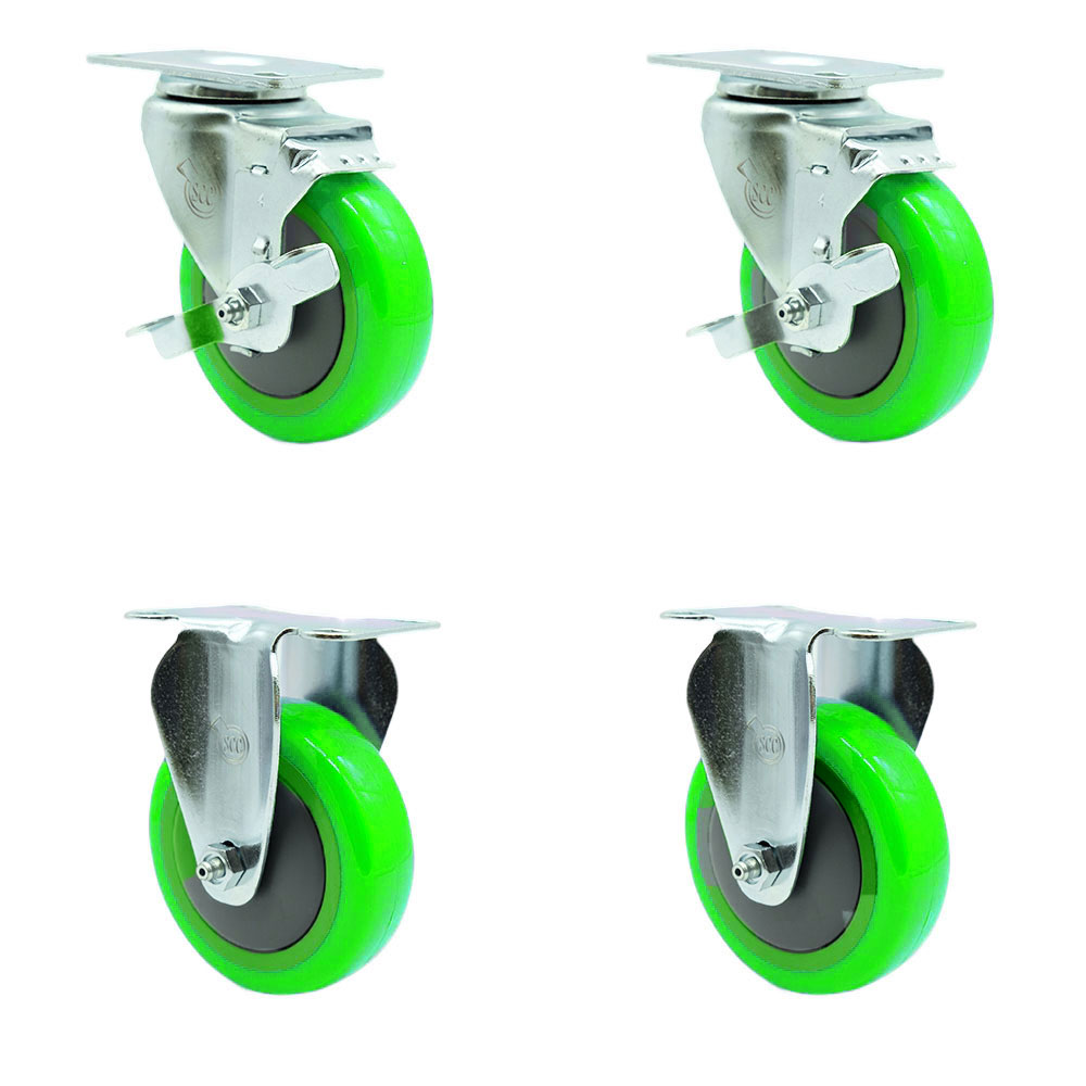Swivel Caster Set of 4 with 2 Brakes and 2 Rigid - 4 Inch Green Polyurethane Wheel – 350 lbs. Capacity Per Caster – 3-1/8 Inch x 4-1/8 Inch Overall Top Plate – Service Caster Brand — photo 1