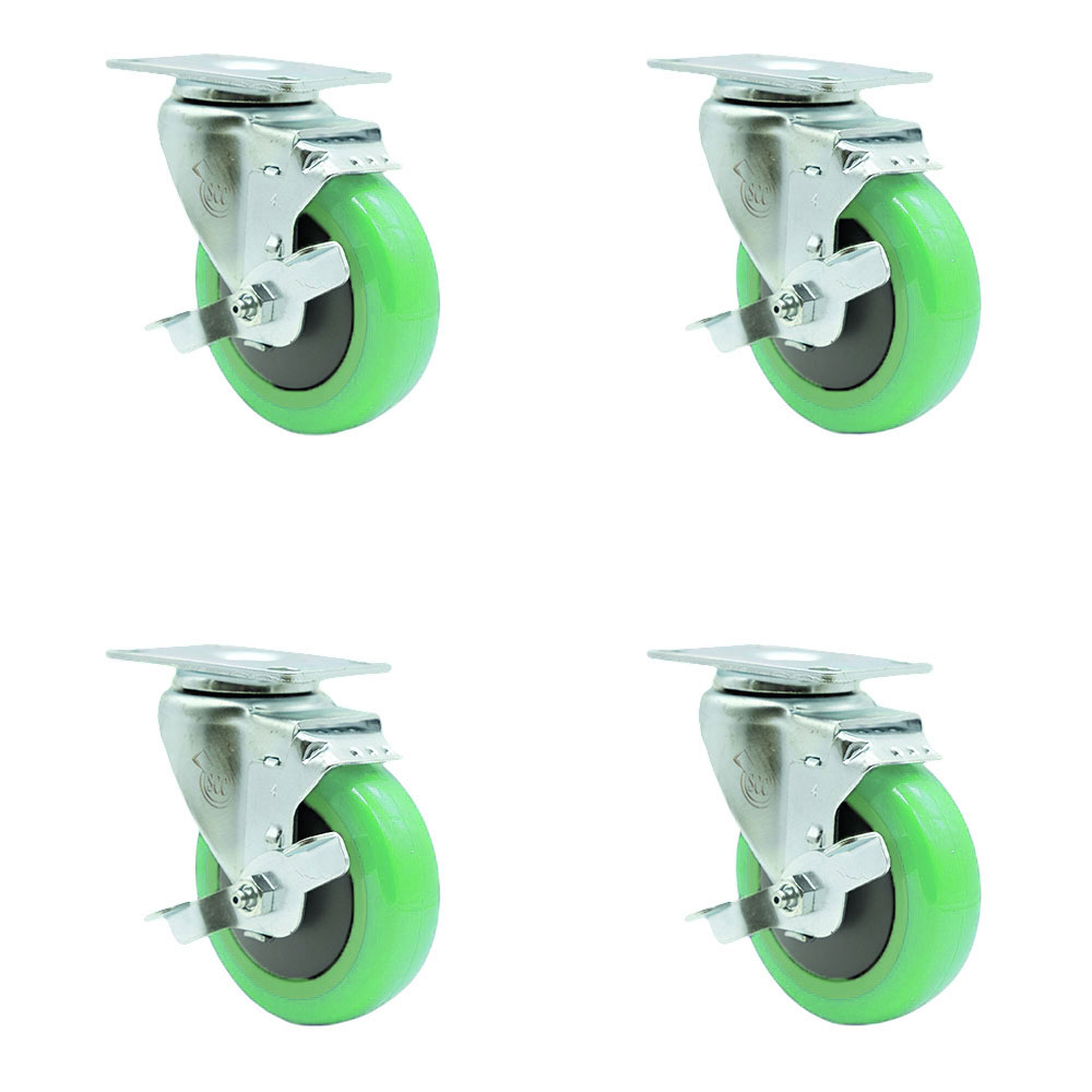 Polyurethane Swivel Top Plate Caster Set of 4 with 4 Inch Green Wheels - Includes 4 Swivel with Top Lock Brakes - 1400 lbs. Total Capacity - Service Caster Brand — photo 1