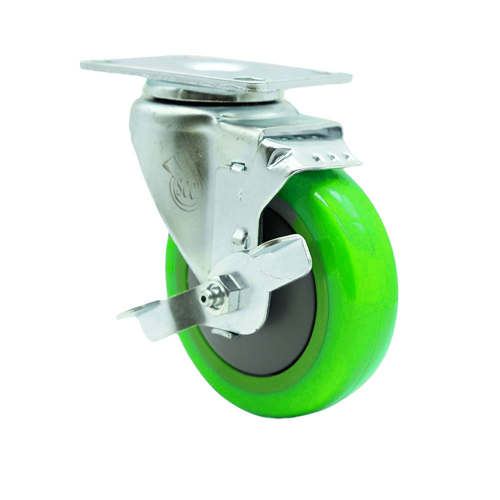 Service Caster Brand Replacement Caster for Grainger Caster 400K67 - Swivel Top Plate Caster with 4 Inch Green Polyurethane Wheel and Top Locking Brake - Fits Carts, Dollies and Food-Service Equipment — photo 1