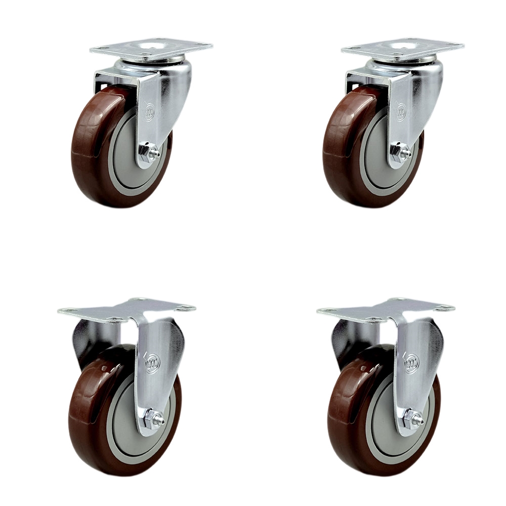 Swivel Caster Set of 4 with 2 Rigid Casters - 4 Inch Maroon Polyurethane Wheel – 350 lbs. Capacity Per Caster–4 Inch x 4-1/2 Inch Overall Top Plate–Service Caster Brand — photo 1