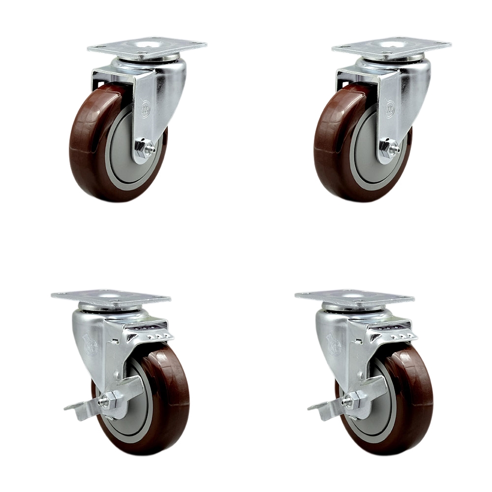 Swivel Caster Set of 4 with 2 Brakes - 4 Inch Maroon Polyurethane Wheel – 350 lbs. Capacity Per Caster – 4 Inch x 4-1/2 Inch Overall Top Plate – Service Caster Brand — photo 1
