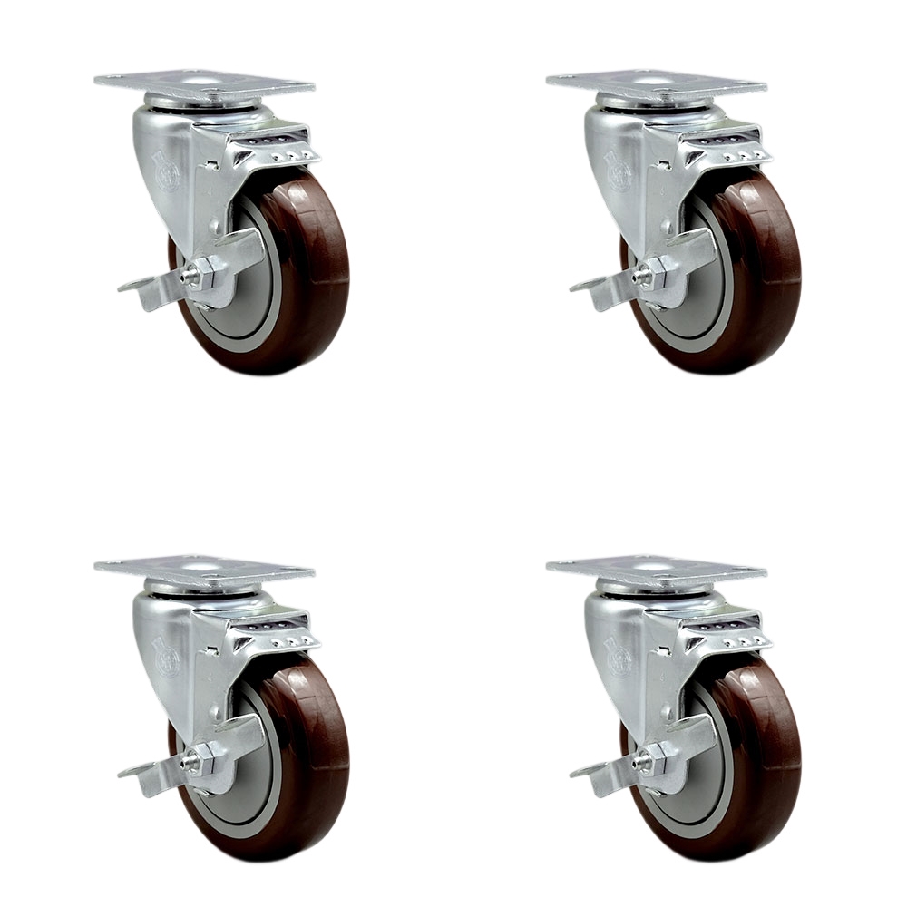 Regency 600CSW415WB U-Boat Utility Cart Replacement Caster Set – 4 Inch Maroon Poly Wheel - Includes 4 Swivel Casters with Brakes- Set of 4 - Service Caster Brand — photo 1