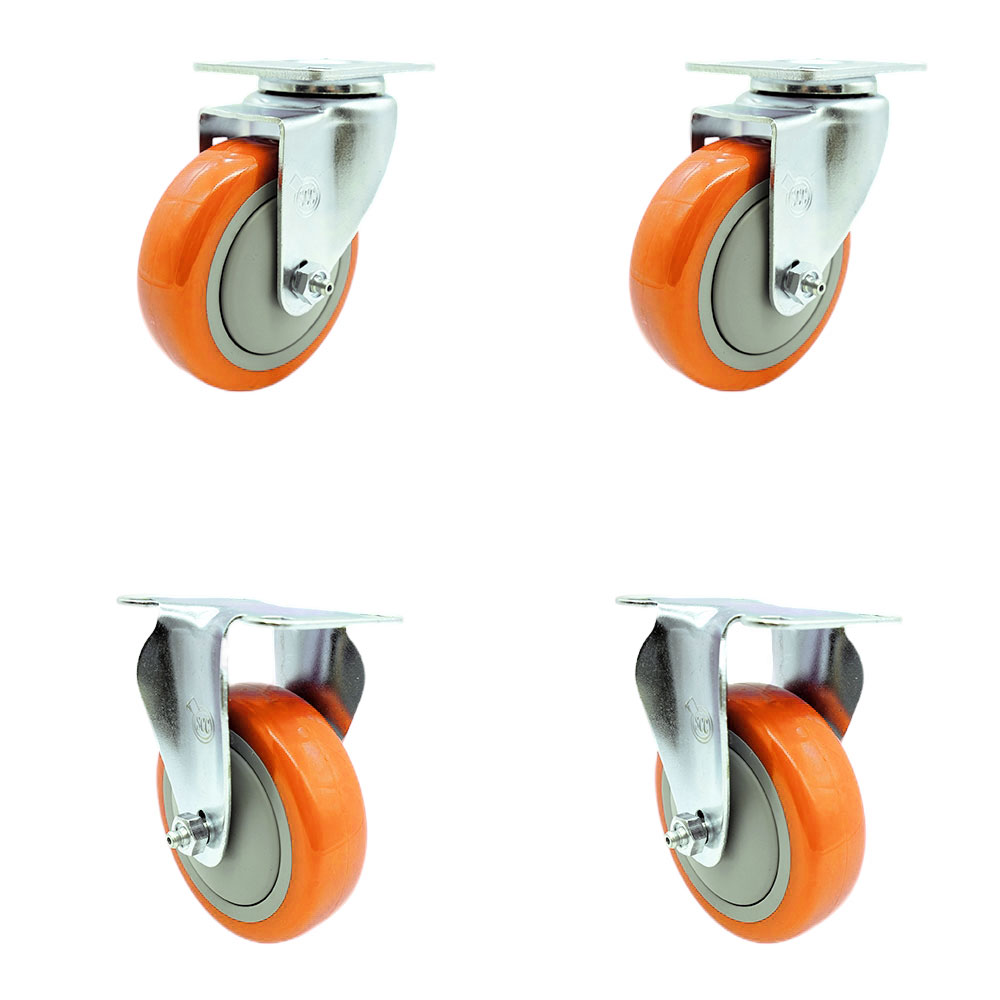 Swivel Caster Set of 4 with 2 Rigid Casters - 4 Inch Orange Polyurethane Wheel – 350 lbs. Capacity Per Caster–3-1/8 Inch x 4-1/8 Inch Overall Top Plate–Service Caster Brand — photo 1