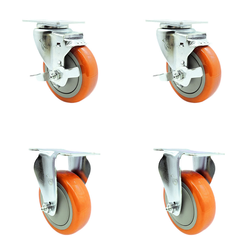 Swivel Caster Set of 4 with 2 Brakes and 2 Rigid - 4 Inch Orange Polyurethane Wheel – 350 lbs. Capacity Per Caster – 4 Inch x 4-1/2 Inch Overall Top Plate – Service Caster Brand — photo 1