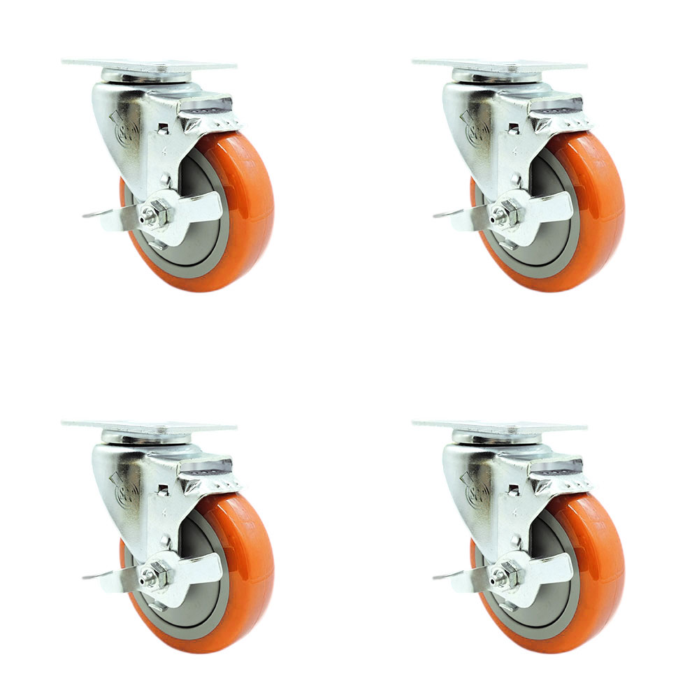 Swivel Caster Set of 4 with Brakes and 4 Inch Orange Polyurethane Wheel – 350 lbs. Capacity Per Caster – 4 Inch x 4-1/2 Inch Overall Top Plate–Service Caster Brand — photo 1