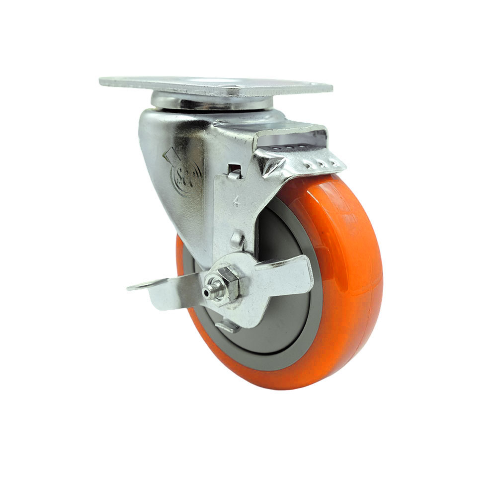 Service Caster Brand Replacement Caster for Grainger Caster 400K67 - Swivel Top Plate Caster with 4 Inch Orange Polyurethane Wheel and Top Locking Brake -Fits Carts, Dollies and Food-Service Equipment — photo 1