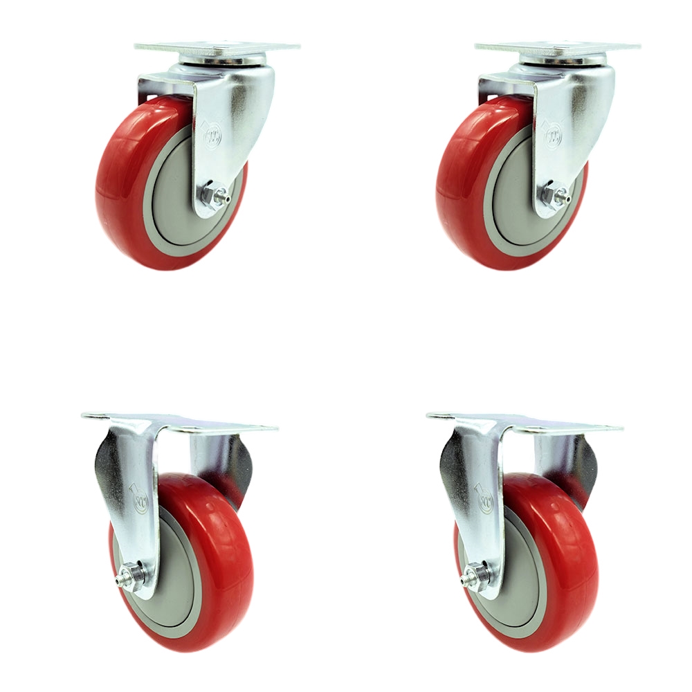 Swivel Caster Set of 4 with 2 Rigid Casters - 4 Inch Red Polyurethane Wheel – 350 lbs. Capacity Per Caster–4 Inch x 4-1/2 Inch Overall Top Plate–Service Caster Brand — photo 1