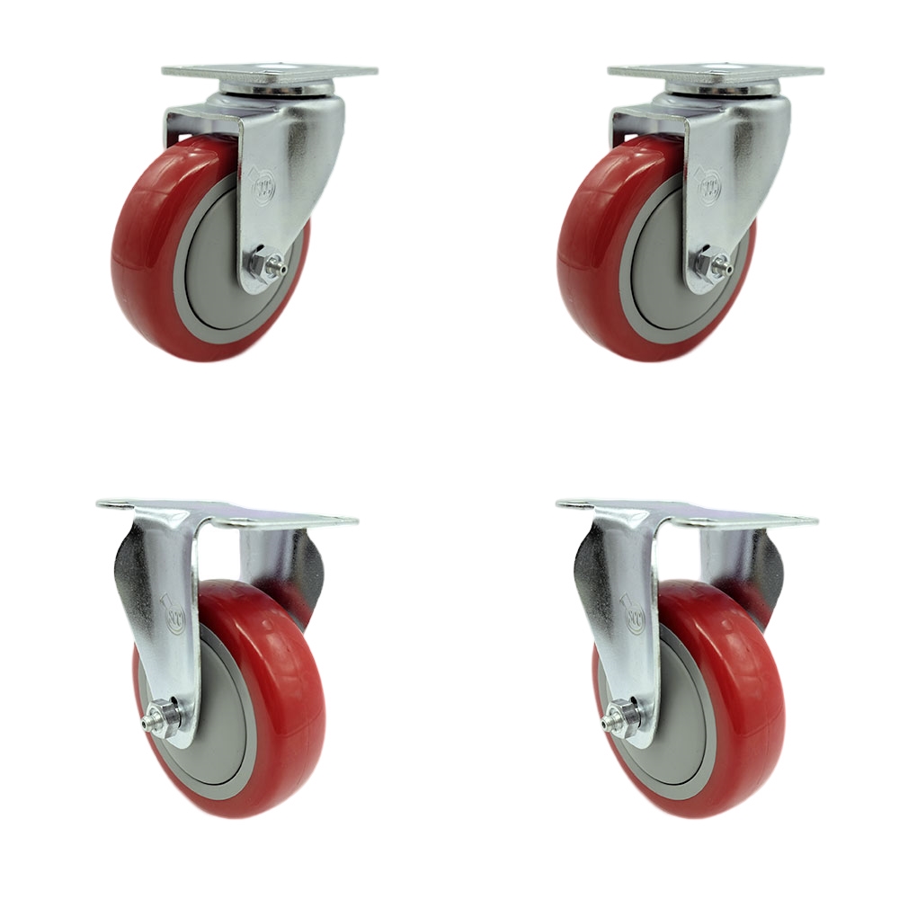 Polyurethane Swivel Top Plate Caster Set of 4 with 4 Inch Red Wheels - Includes 2 Swivel and 2 Rigid - 1400 lbs. Total Capacity - Service Caster Brand — photo 1