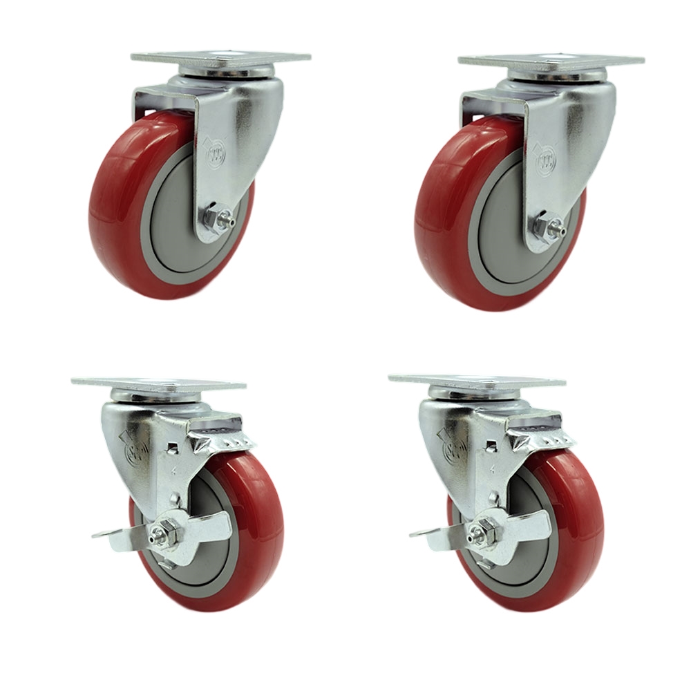 Polyurethane Swivel Top Plate Caster Set of 4 with 4 Inch Red Wheels - Includes 2 Swivel with Top Locking Brakes and 2 Swivel - 1400 lbs. Total Capacity - Service Caster Brand — photo 1
