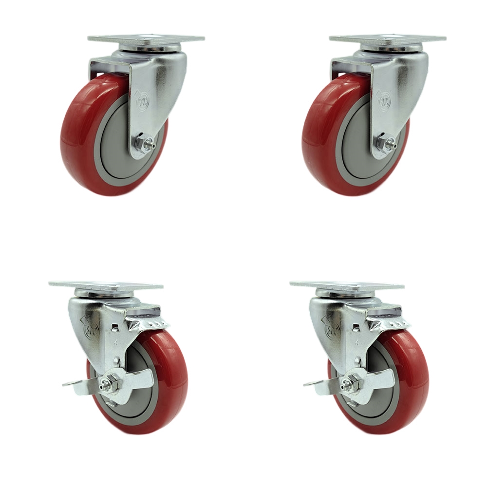 Swivel Caster Set of 4 with 2 Brakes - 4 Inch Red Polyurethane Wheel – 350 lbs. Capacity Per Caster – 3-1/8 Inch x 4-1/8 Inch Overall Top Plate – Service Caster Brand — photo 1