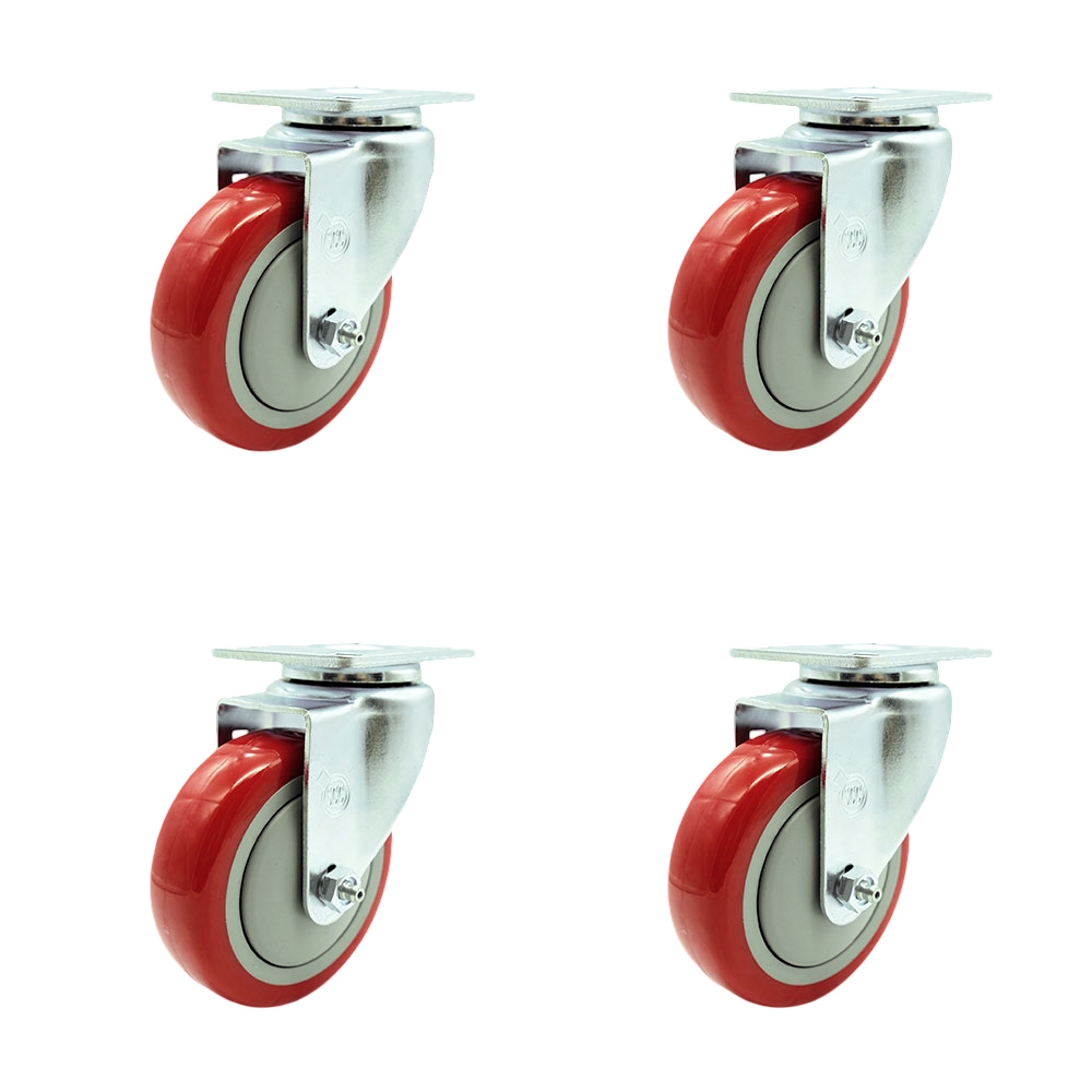 Service Caster Brand Replacement Set for Uline Casters - Swivel Top Plate Casters with 4 Inch Red Polyurethane Wheels - Includes 4 Swivel Casters - Fits Vinyl Basket Truck 24 Bushel — photo 1