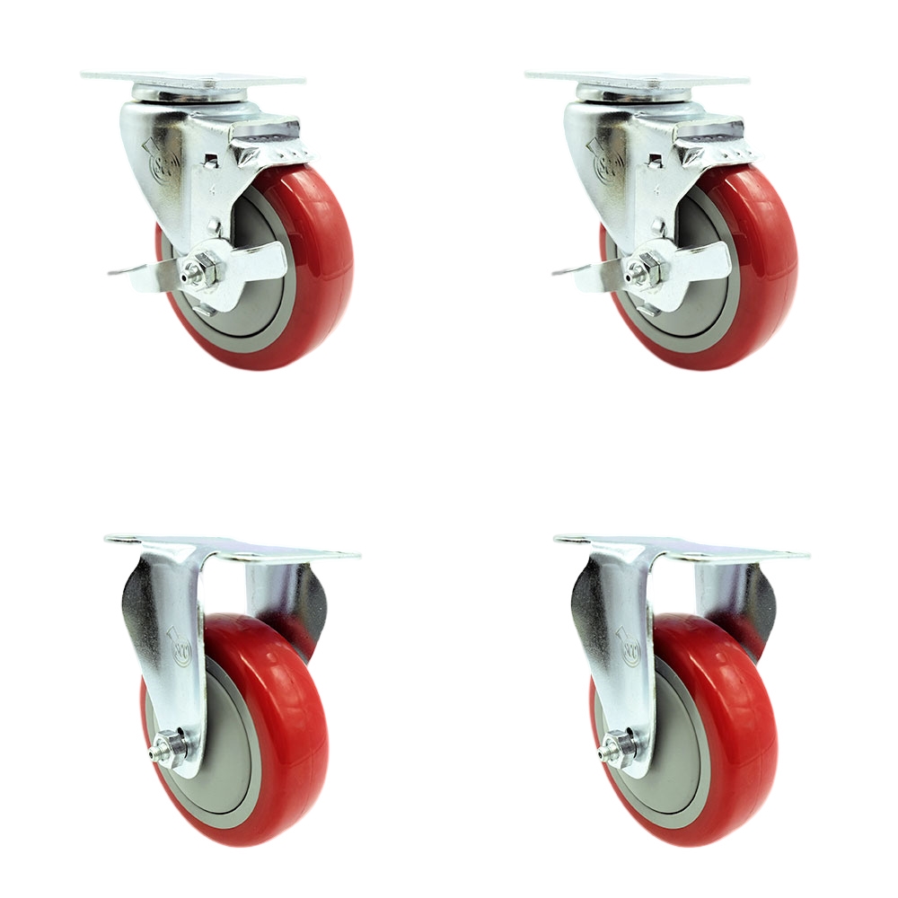 Swivel Caster Set of 4 with 2 Brakes and 2 Rigid - 4 Inch Red Polyurethane Wheel – 350 lbs. Capacity Per Caster – 3-1/8 Inch x 4-1/8 Inch Overall Top Plate – Service Caster Brand — photo 1