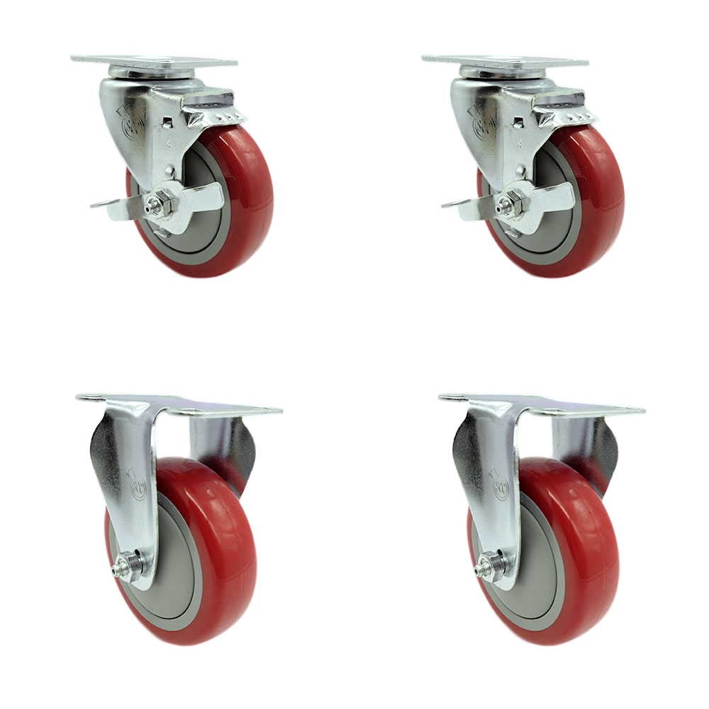 Polyurethane Swivel Top Plate Caster Set of 4 with 4 Inch Red Wheels - Includes 2 Swivel with Top Locking Brakes and 2 Rigid - 1400 lbs. Total Capacity - Service Caster Brand — photo 1