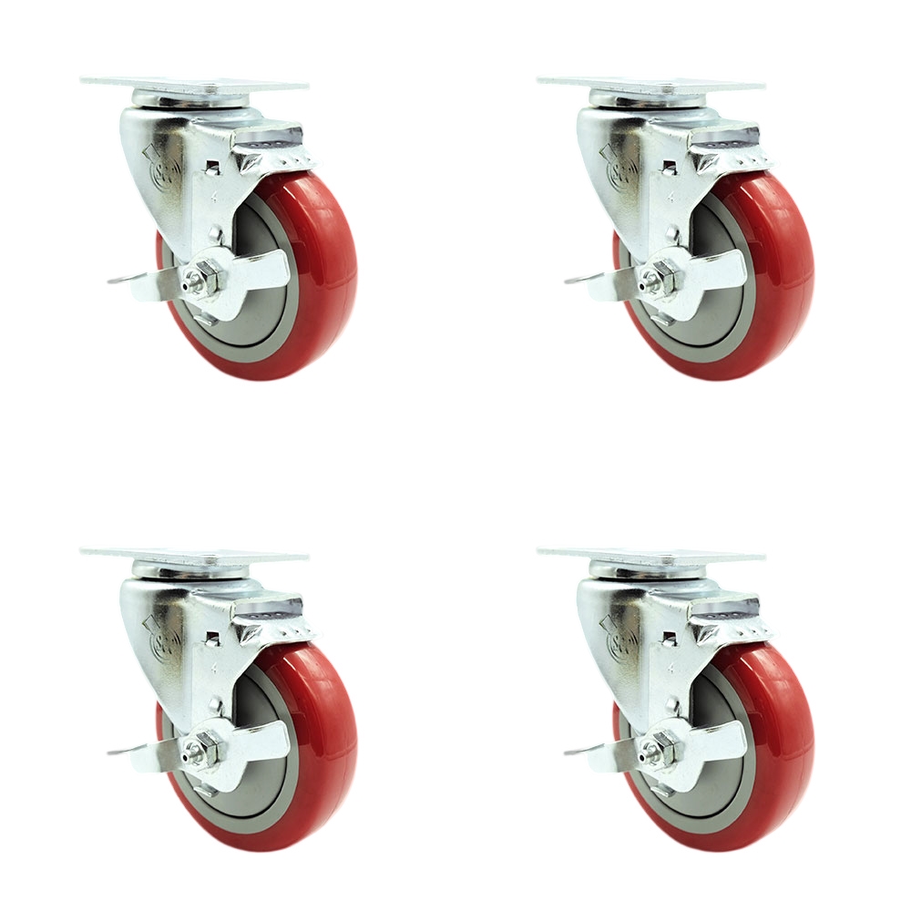 Regency 600CSW415WB U-Boat Utility Cart Replacement Caster Set – 4 Inch Red Poly Wheel - Includes 4 Swivel Casters with Brakes - Set of 4 - Service Caster Brand — photo 1
