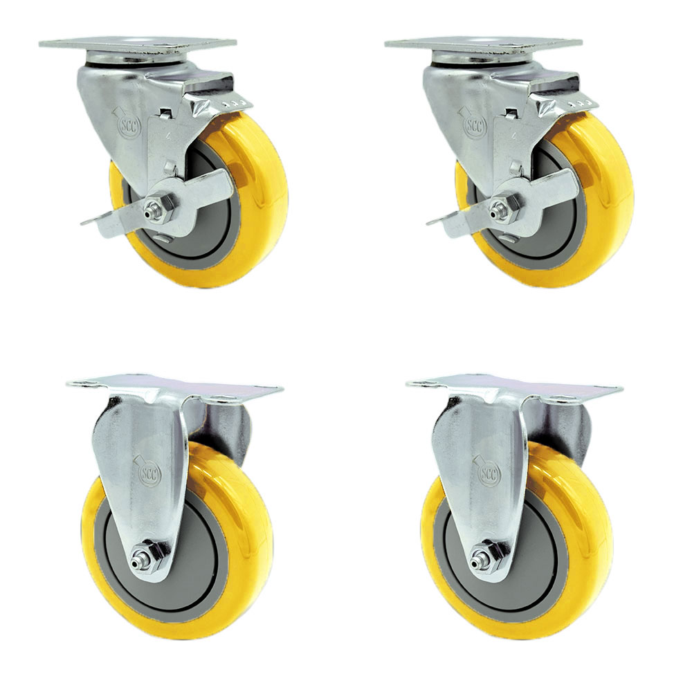 Polyurethane Swivel Top Plate Caster Set of 4 with 4 Inch Yellow Caster Wheels - 316 Stainless Steel Casters - Includes 2 Swivel with Top Lock Brakes and 2 Rigid - Service Caster Brand — photo 1