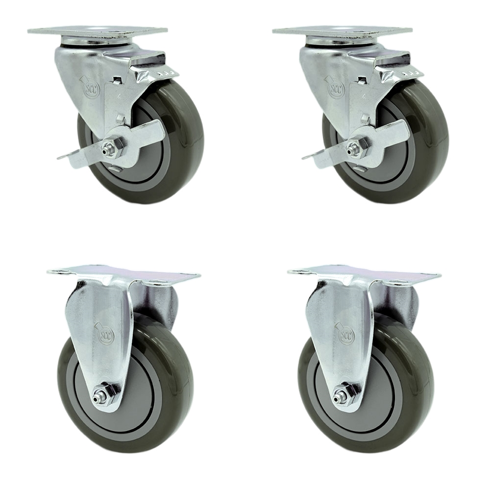 Polyurethane Swivel Top Plate Caster Set of 4 with 4 Inch Gray Wheels - Includes 2 Swivel with Top Locking Brakes and 2 Rigid - 1400 lbs. Total Capacity - Service Caster Brand — photo 1
