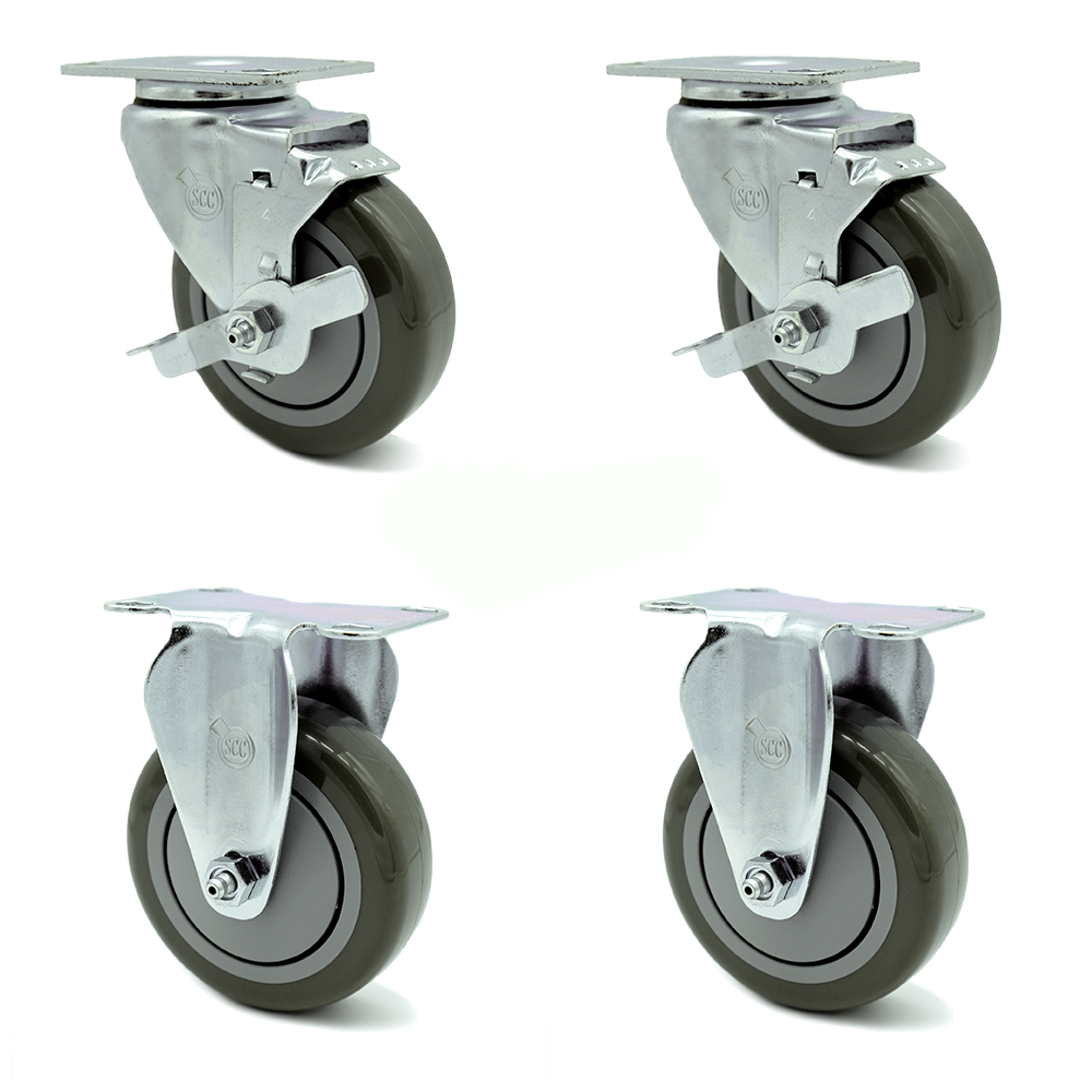 Swivel Caster Set of 4 with 2 Brakes and 2 Rigid - 4 Inch Gray Polyurethane Wheel – 350 lbs. Capacity Per Caster – 4 Inch x 4-1/2 Inch Overall Top Plate – Service Caster Brand — photo 1