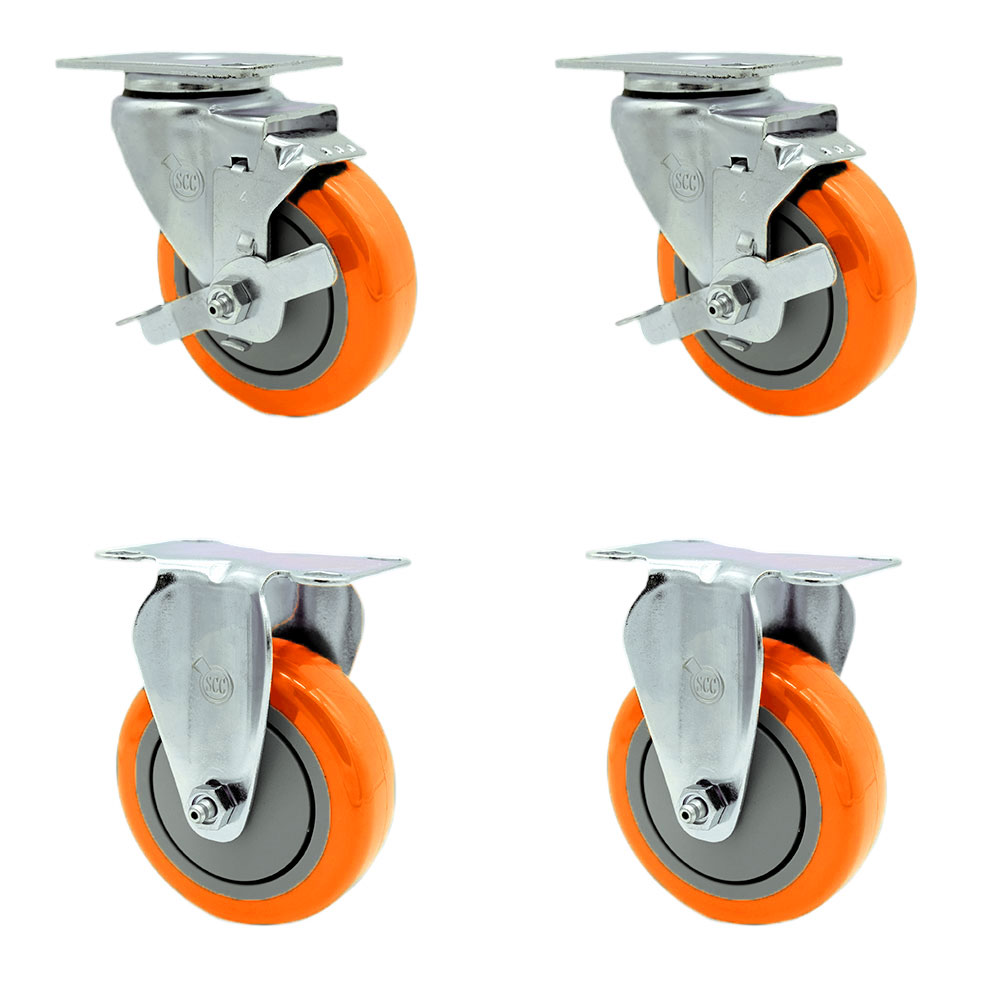 Polyurethane Swivel Top Plate Caster Set of 4 with 4 Inch Orange Wheels - Includes 2 Swivel with Top Locking Brakes and 2 Rigid - 1400 lbs. Total Capacity - Service Caster Brand — photo 1