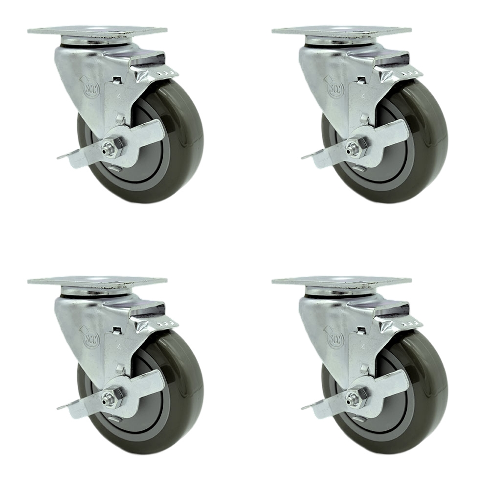 Regency 600CSW415WB U-Boat Utility Cart Replacement Caster Set – 4 Inch Gray Poly Wheel - Includes 4 Swivel Casters with Brakes - Set of 4 - Service Caster Brand — photo 1