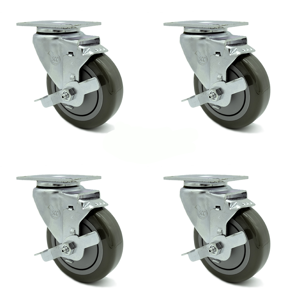 Swivel Caster Set of 4 with Brakes and 4 Inch Gray Polyurethane Wheel – 350 lbs. Capacity Per Caster – 3-1/8 Inch x 4-1/8 Inch Overall Top Plate–Service Caster Brand — photo 1