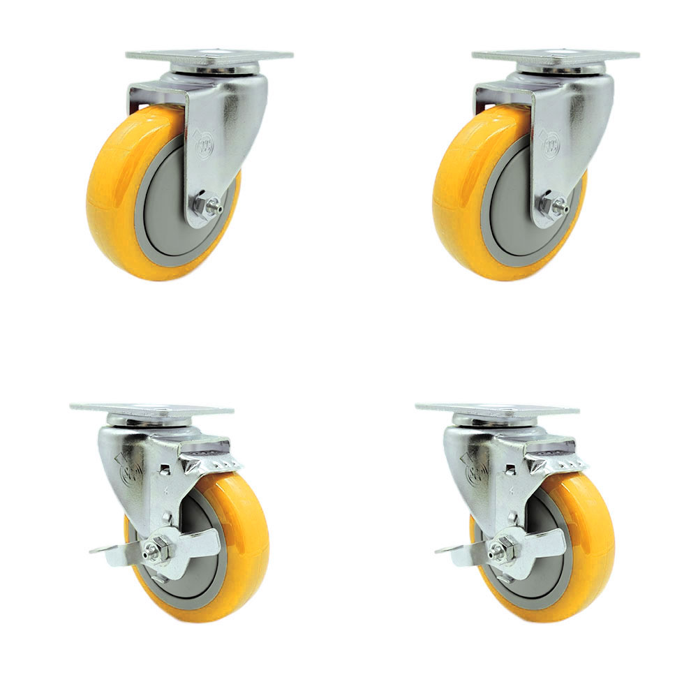 Polyurethane Swivel Top Plate Caster Set of 4 with 4 Inch Yellow Caster Wheels - 316 Stainless Steel Casters - Includes 2 Swivel with Top Lock Brakes and 2 Swivel - Service Caster Brand — photo 1