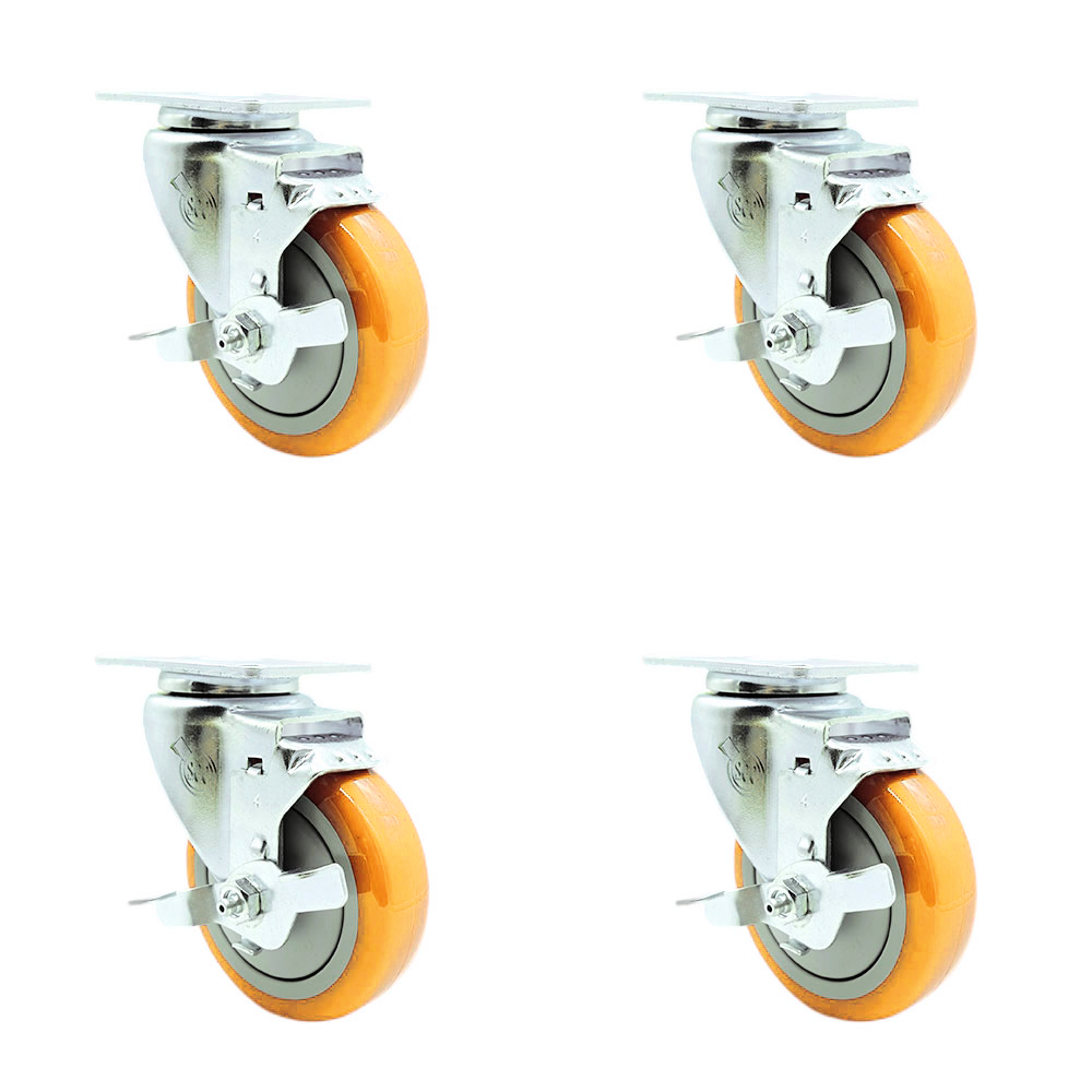 Swivel Caster Set of 4 with Brakes and 4 Inch Yellow Polyurethane Wheel – 350 lbs. Capacity Per Caster – 3-1/8 Inch x 4-1/8 Inch Overall Top Plate–Service Caster Brand — photo 1