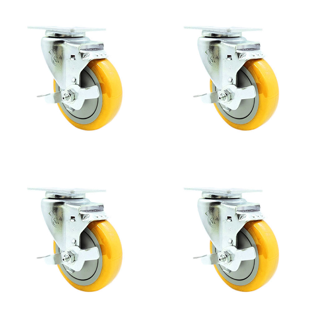 Polyurethane Swivel Top Plate Caster Set of 4 with 4 Inch Yellow Wheels - Includes 4 Swivel with Top Lock Brakes - 1400 lbs. Total Capacity - Service Caster Brand — photo 1