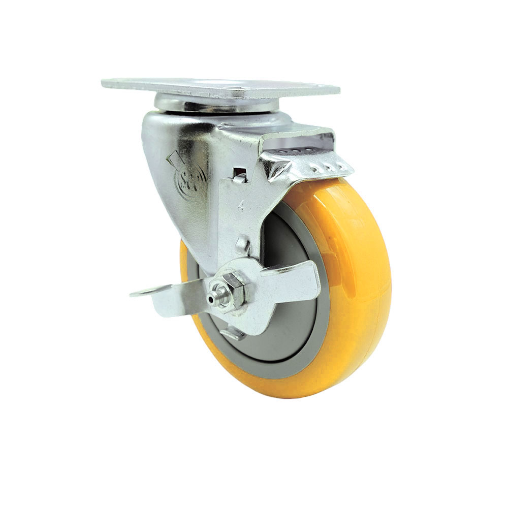 Polyurethane Swivel Top Plate Swivel Caster with 4 Inch Yellow Wheel and Top Locking Brake - 350 lbs. Capacity Per Caster - Service Caster Brand — photo 1