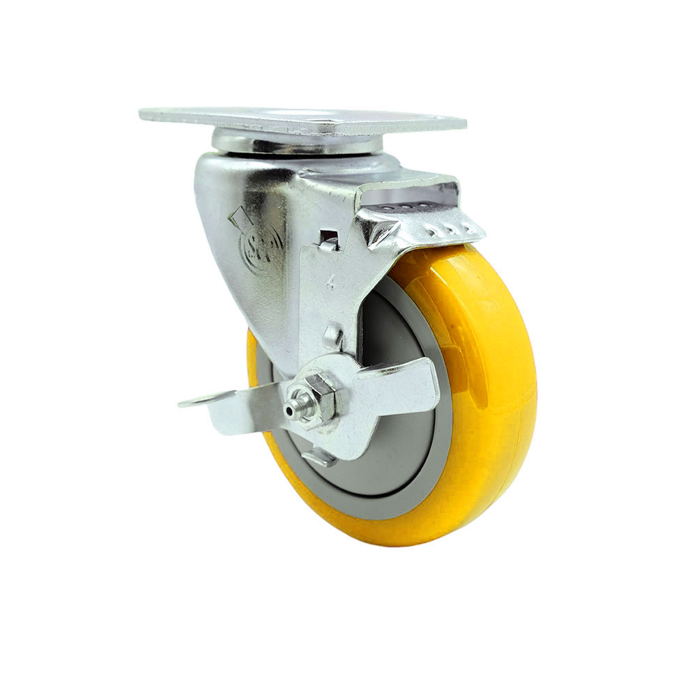 Service Caster Brand Replacement for Colson Caster 2.04256.95 MTG59 BRK1 - Swivel Caster with Top Lock Brake and 4 Inch Yellow Polyurethane Wheel - 3-1/8 Inch x 4-1/8 Inch Overall Top Plate — photo 1