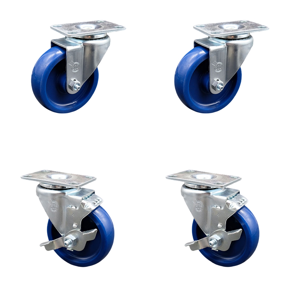 Swivel Caster Set of 4 with 2 Brakes - 4 Inch Solid Polyurethane Wheel – 300 lbs. Capacity Per Caster – 4 Inch x 4-1/2 Inch Overall Top Plate – Service Caster Brand — photo 1