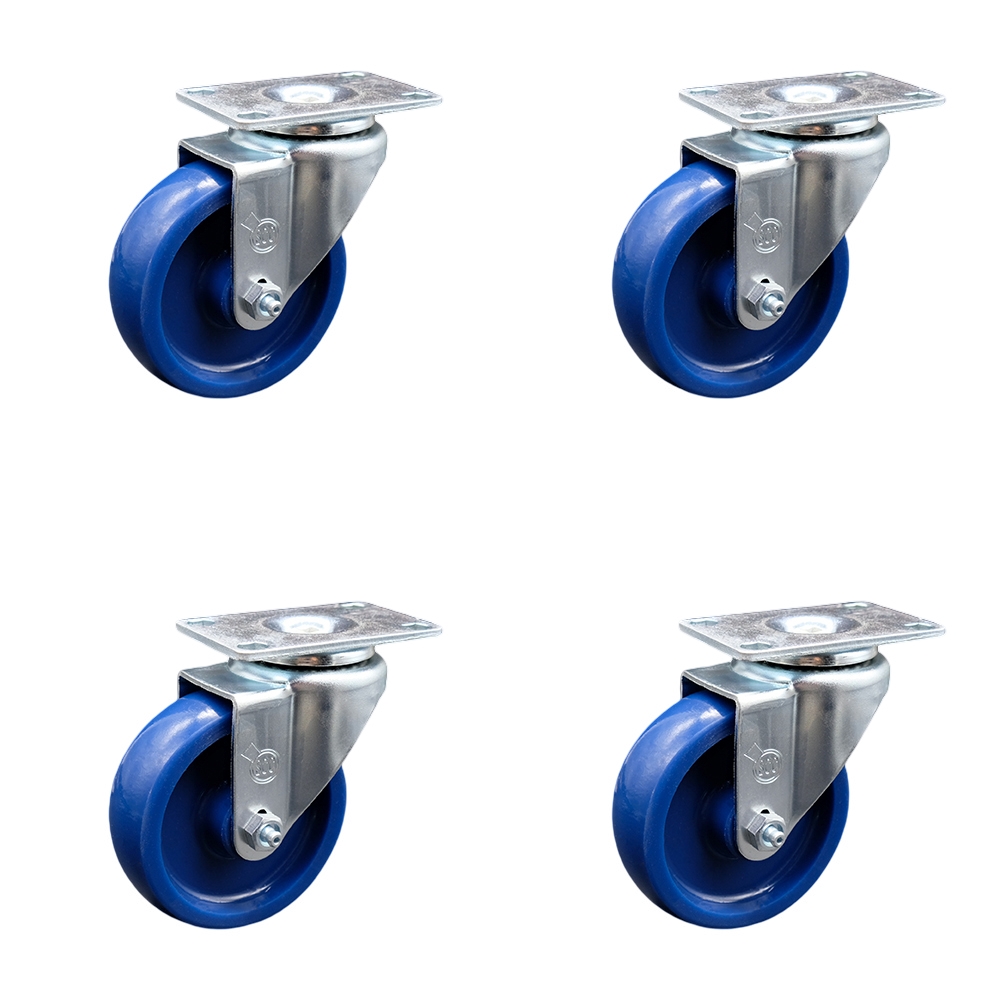 Solid Polyurethane Swivel Top Plate Caster Set of 4 w/4" x 1.25" Blue Wheels - Includes 4 Swivel - 1200 lbs Total Capacity - Service Caster Brand — photo 1