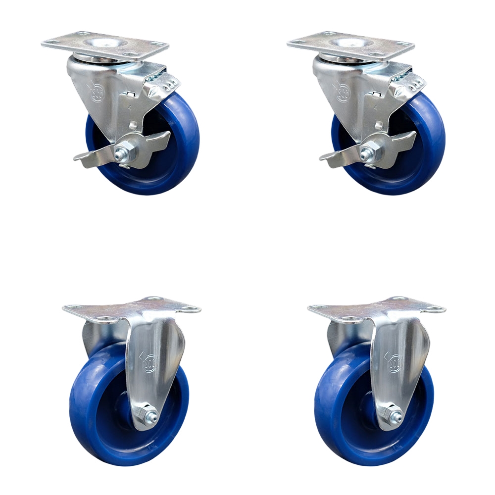 Swivel Caster Set of 4 with 2 Brakes and 2 Rigid - 4 Inch Solid Polyurethane Wheel – 300 lbs. Capacity Per Caster – 3-1/8 Inch x 4-1/8 Inch Overall Top Plate – Service Caster Brand — photo 1