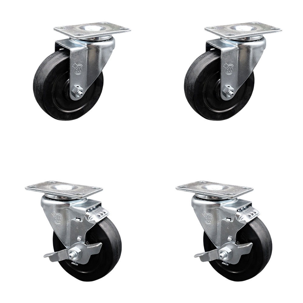 Soft Rubber Swivel Top Plate Caster Set of 4 with 4 Inch Black Wheels - Includes 2 Swivel with Top Locking Brakes and 2 Swivel - 800 lbs. Total Capacity - Service Caster Brand — photo 1