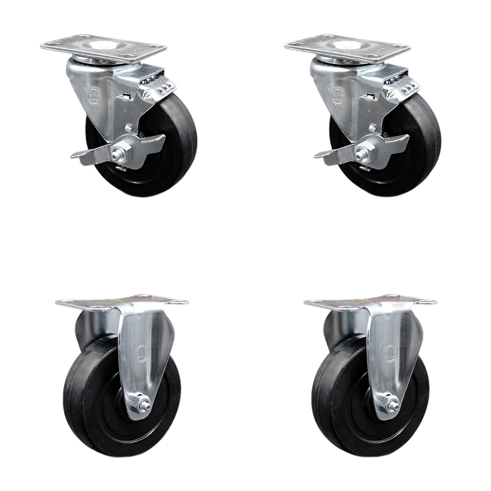 Soft Rubber Swivel Top Plate Caster Set of 4 with 4 Inch Black Wheels - Includes 2 Swivel with Top Locking Brakes and 2 Rigid - 800 lbs. Total Capacity - Service Caster Brand — photo 1