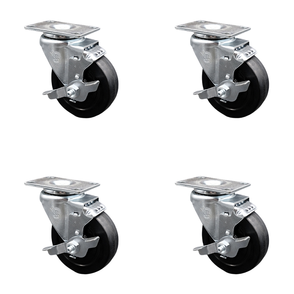 Soft Rubber Swivel Top Plate Caster Set of 4 with 4 Inch Black Wheels - Includes 4 Swivel with Top Lock Brakes - 800 lbs. Total Capacity - Service Caster Brand — photo 1