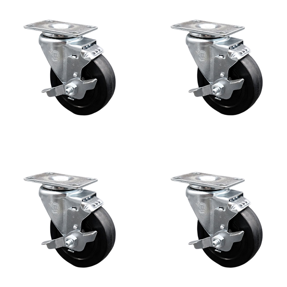 Swivel Caster Set of 4 with Brakes and 4 Inch Soft Rubber Wheel – 200 lbs. Capacity Per Caster – 4 Inch x 4-1/2 Inch Overall Top Plate–Service Caster Brand — photo 1