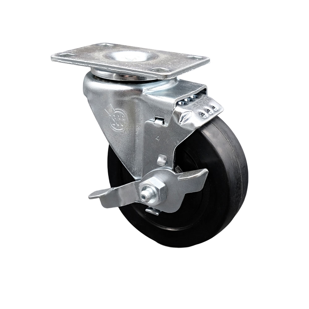 Swivel Caster with Top Lock Brake and 4 Inch Soft Rubber Wheel – 200 lbs. Capacity Per Caster – 4 Inch x 4-1/2 Inch Overall Top Plate –Service Caster Brand — photo 1
