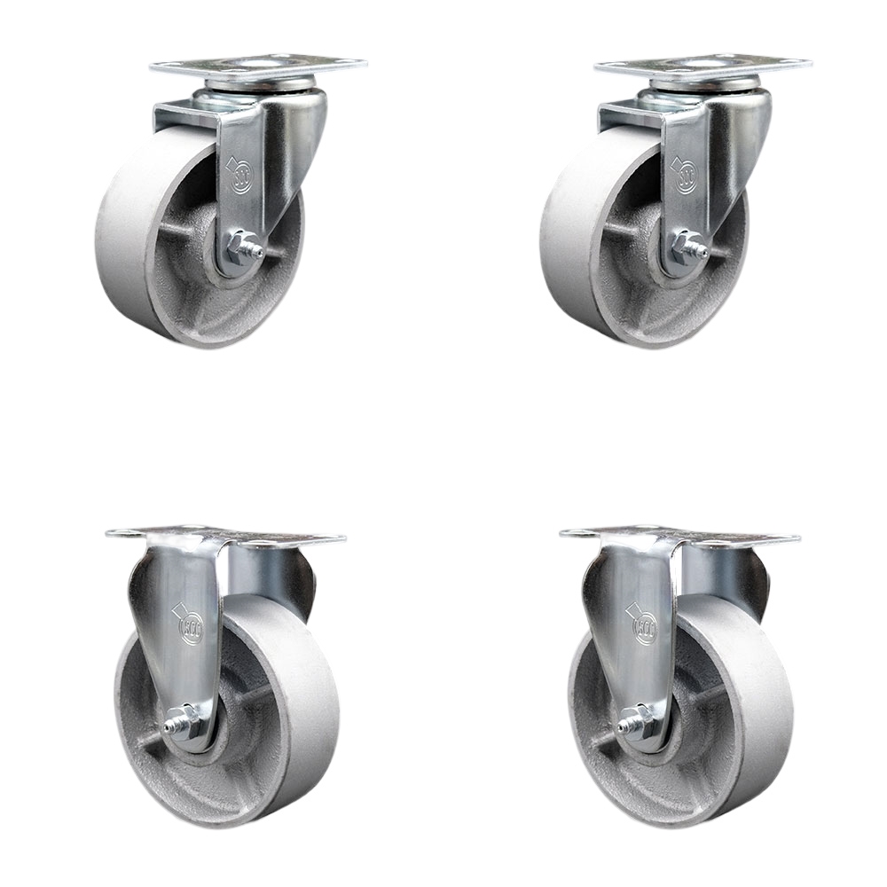 Semi Steel Cast Iron Swivel Top Plate Caster Set of 4 with Roller Bearings - 4 Inch Silver Wheels - Includes 2 Swivel and 2 Rigid - 1200 lbs. Total Capacity - Service Caster Brand — photo 1