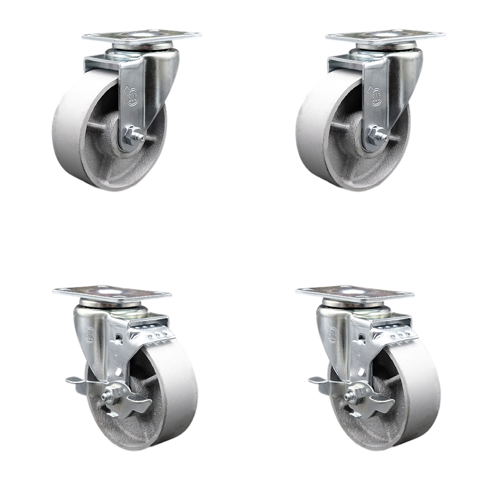 Semi Steel Cast Iron Swivel Top Plate Caster Set of 4 with Roller Bearings - 4 Inch Silver Wheels - Includes 2 Swivel with Top Locking Brakes and 2 Swivel-1200 lbs. Total Capacity-Service Caster Brand — photo 1