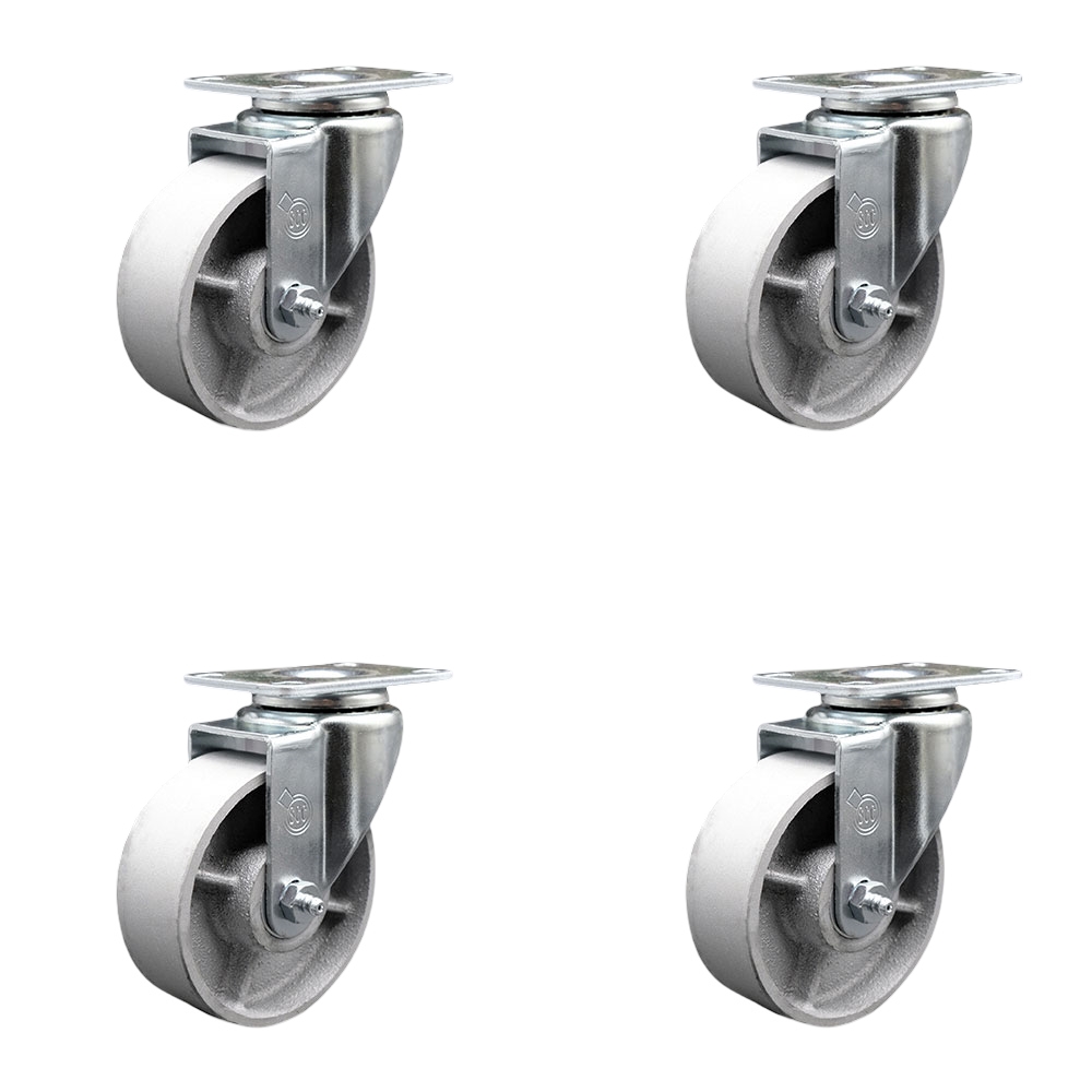 Swivel Caster Set of 4 with 4 Inch Semi Steel Cast Iron Wheel with Roller Bearing – 300 lbs. Capacity Per Caster – 3-1/8 Inch x 4-1/8 Inch Overall Top Plate – Service Caster Brand — photo 1