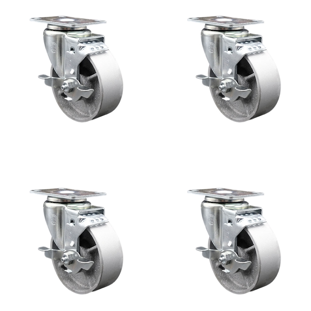 Swivel Caster Set of 4 with Brakes and 4 Inch Semi Steel Cast Iron Wheel with Roller Bearing – 300 lbs. Capacity Per Caster – 4 Inch x 4-1/2 Inch Overall Top Plate – Service Caster Brand — photo 1