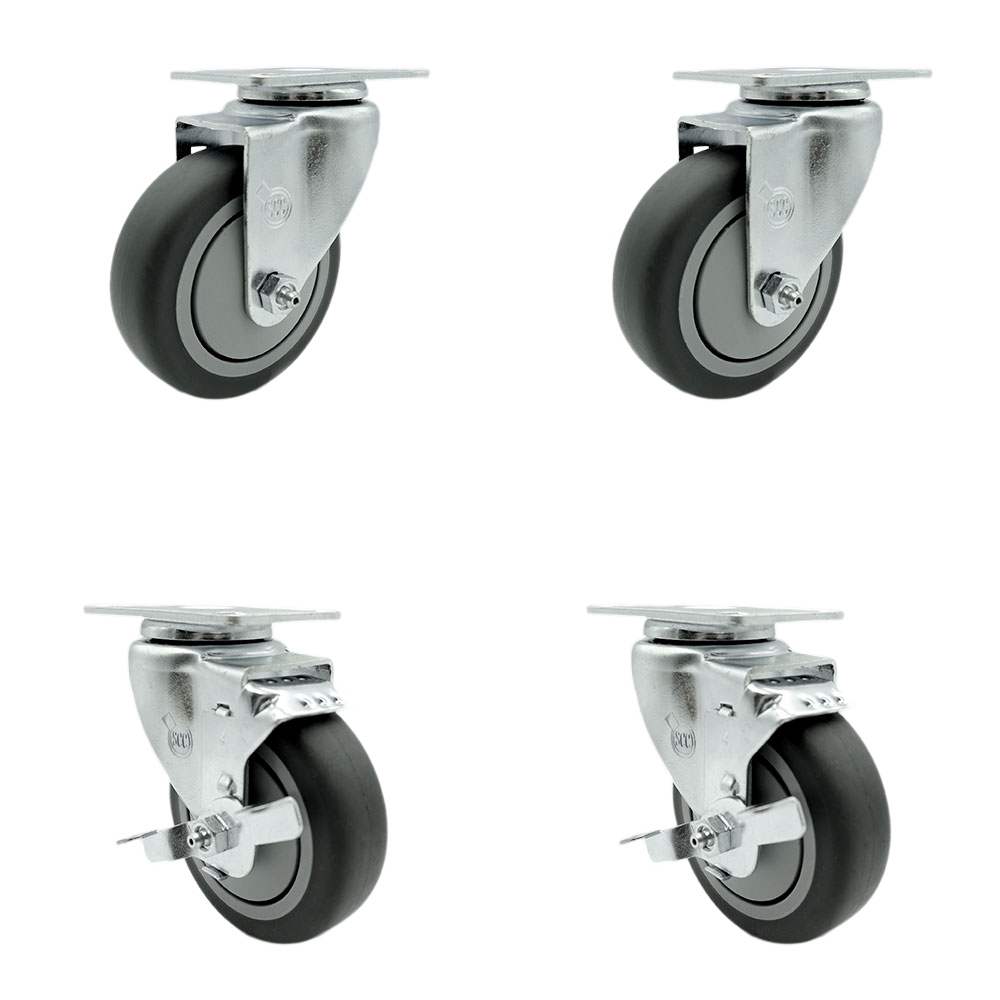 Swivel Caster Set of 4 with 2 Brakes - 4 Inch Thermoplastic Rubber Wheel – 250 lbs. Capacity Per Caster – 4 Inch x 4-1/2 Inch Overall Top Plate – Service Caster Brand — photo 1
