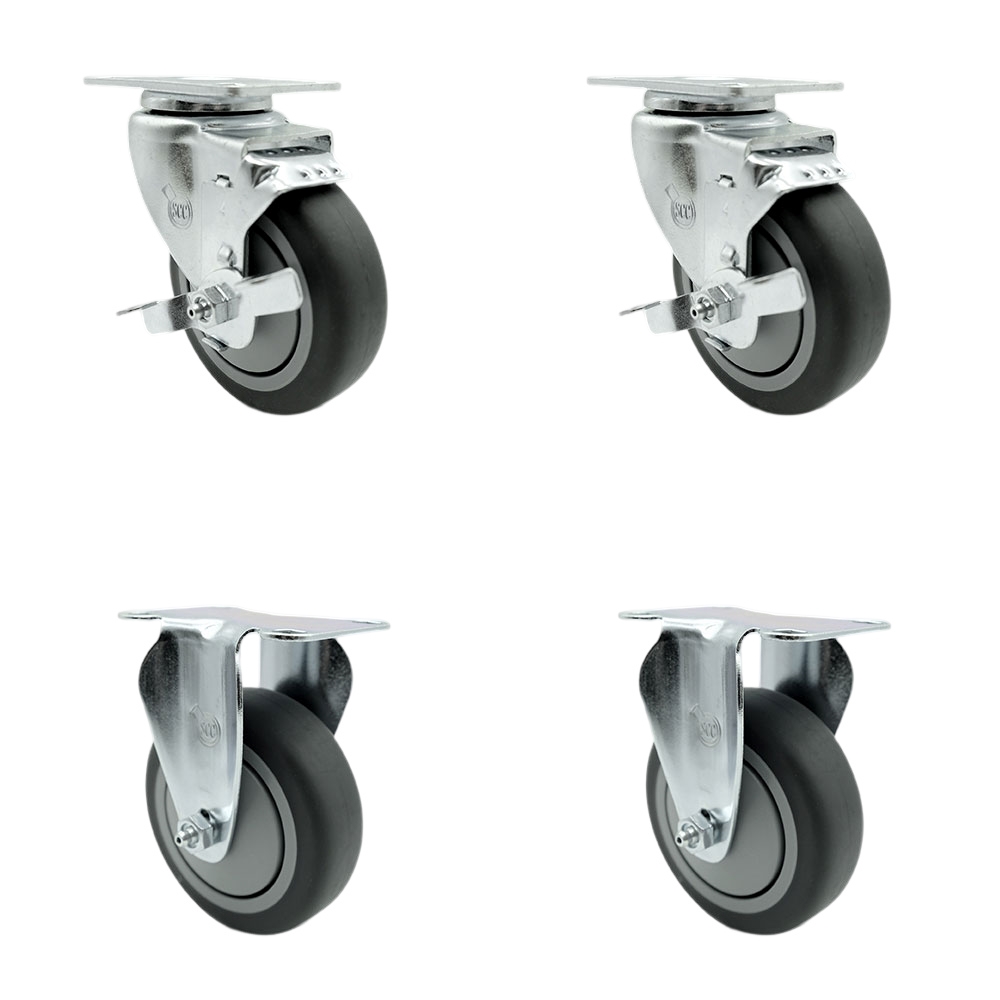Swivel Caster Set of 4 with 2 Brakes and 2 Rigid - 4 Inch Thermoplastic Rubber Wheel – 250 lbs. Capacity Per Caster – 4 Inch x 4-1/2 Inch Overall Top Plate – Service Caster Brand — photo 1