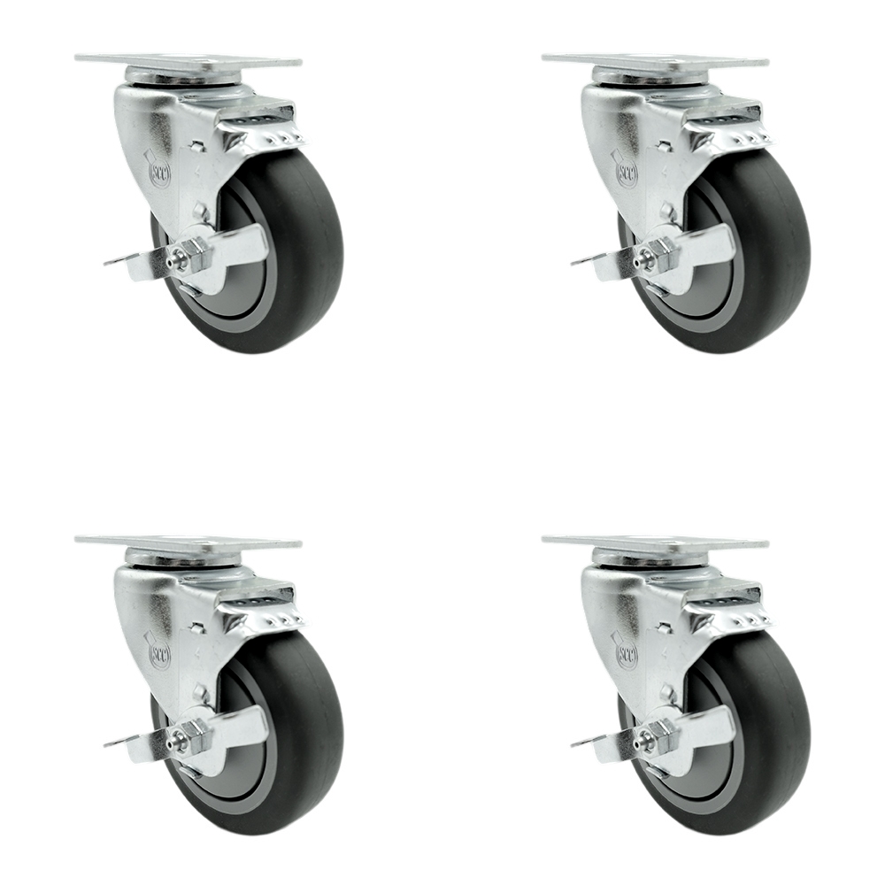 Thermoplastic Rubber Swivel Top Plate Caster Set of 4 with 4 Inch Gray Wheels - Includes 4 Swivel with Top Lock Brakes - 1000 lbs. Total Capacity - Service Caster Brand — photo 1