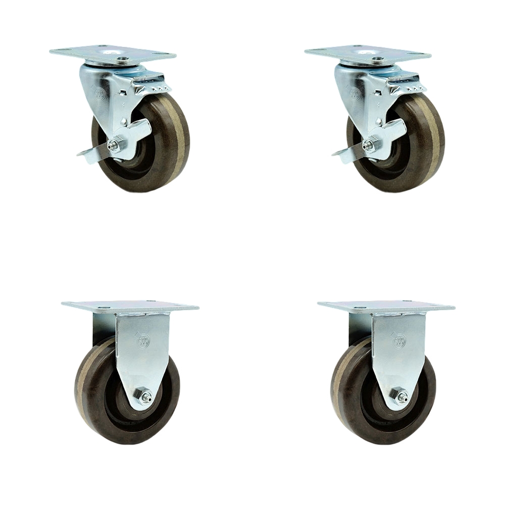 High Temperature Caster Set of 4 with 2 Brakes and 2 Rigid -4 Inch High Temperature Phenolic Wheel–300 lbs. Capacity Per Caster–3-1/8 Inch x 4-1/8 Inch Overall Top Plate–Service Caster Brand — photo 1
