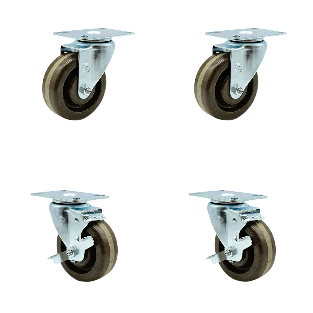 Service Caster - 4” x 1.5" Brown High Temperature Phenolic Wheels Caster Set of 4 - 2 Swivel Casters w/Brakes/2 Swivel — photo 1