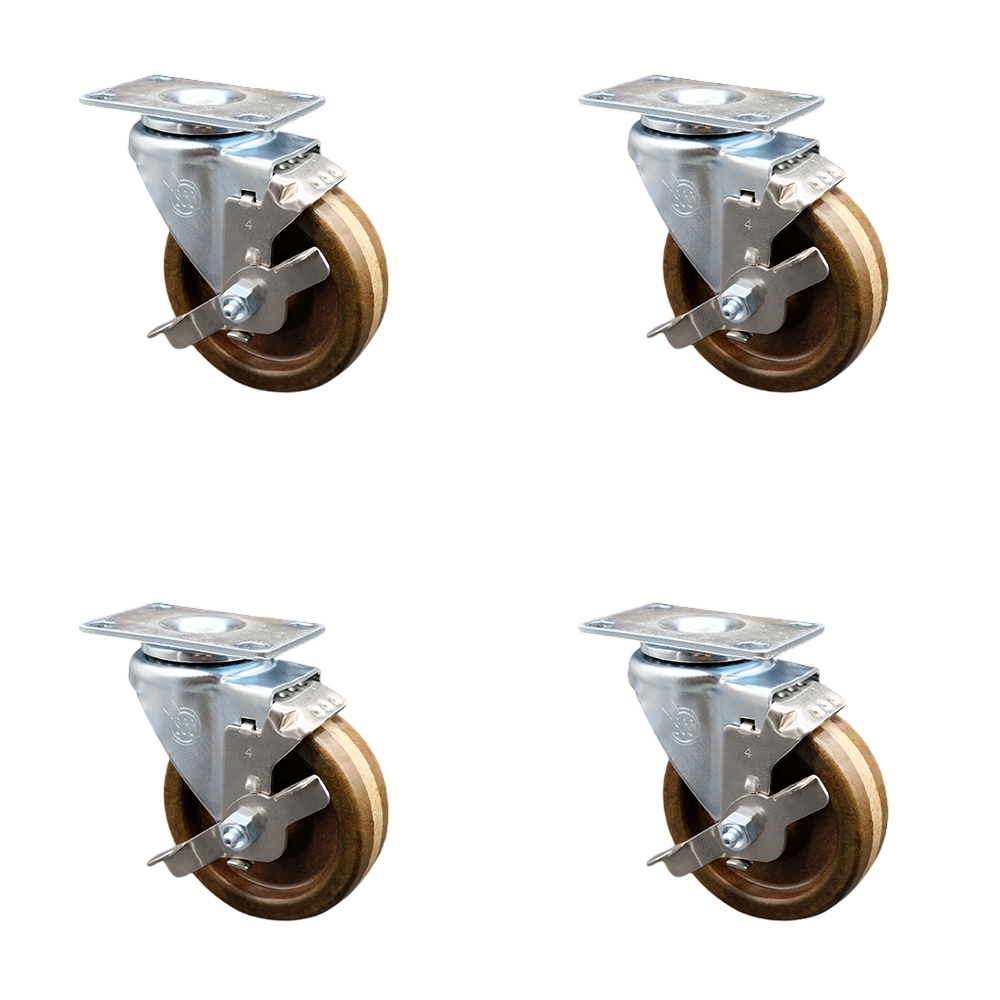 Service Caster - 4” x 1.5" Brown High Temperature Phenolic Wheel Swivel Casters w/Brakes - Set of 4 — photo 1