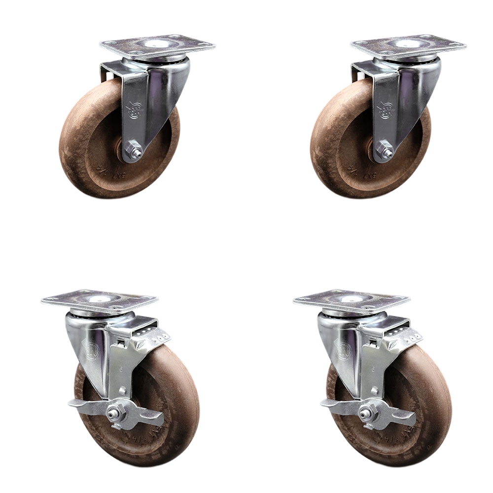 High Temperature Swivel Caster Set of 4 with 2 Brakes - 5 Inch High Temperature Glass Filled Nylon Wheel – 350 lbs. Capacity Per Caster–3-1/8 Inch x 4-1/8 Inch Overall Top Plate–Service Caster Brand — photo 1