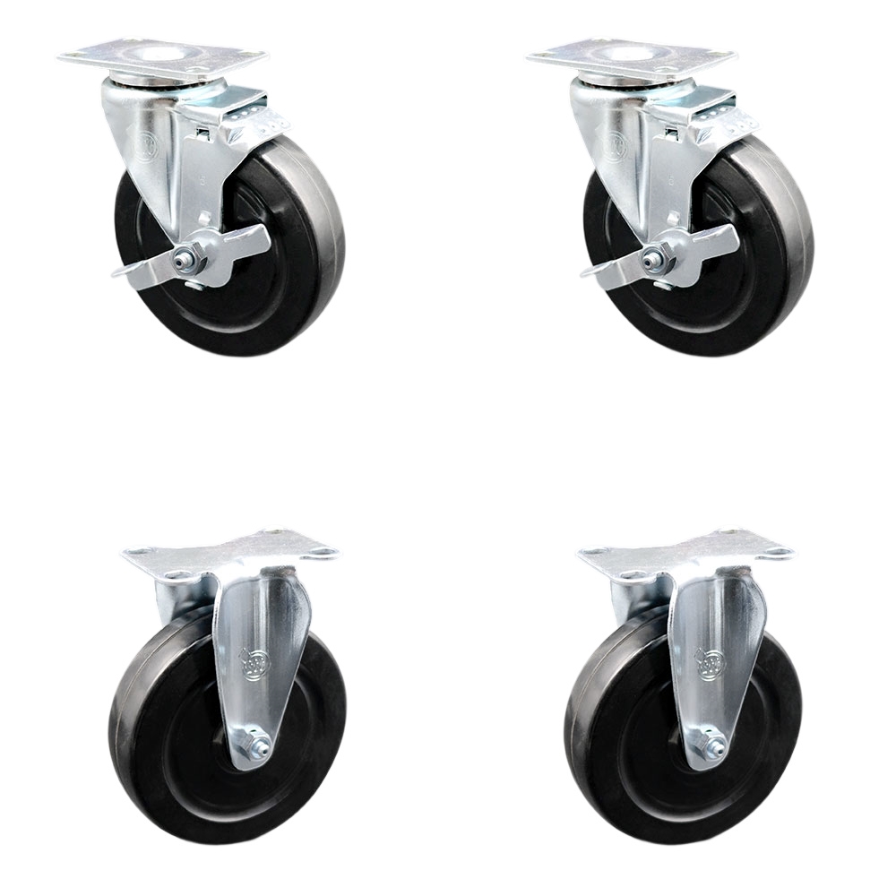 Hard Rubber Swivel Top Plate Caster Set of 4 with 5 Inch Black Wheels - Includes 2 Swivel with Top Locking Brakes and 2 Rigid - 1200 lbs. Total Capacity - Service Caster Brand — photo 1