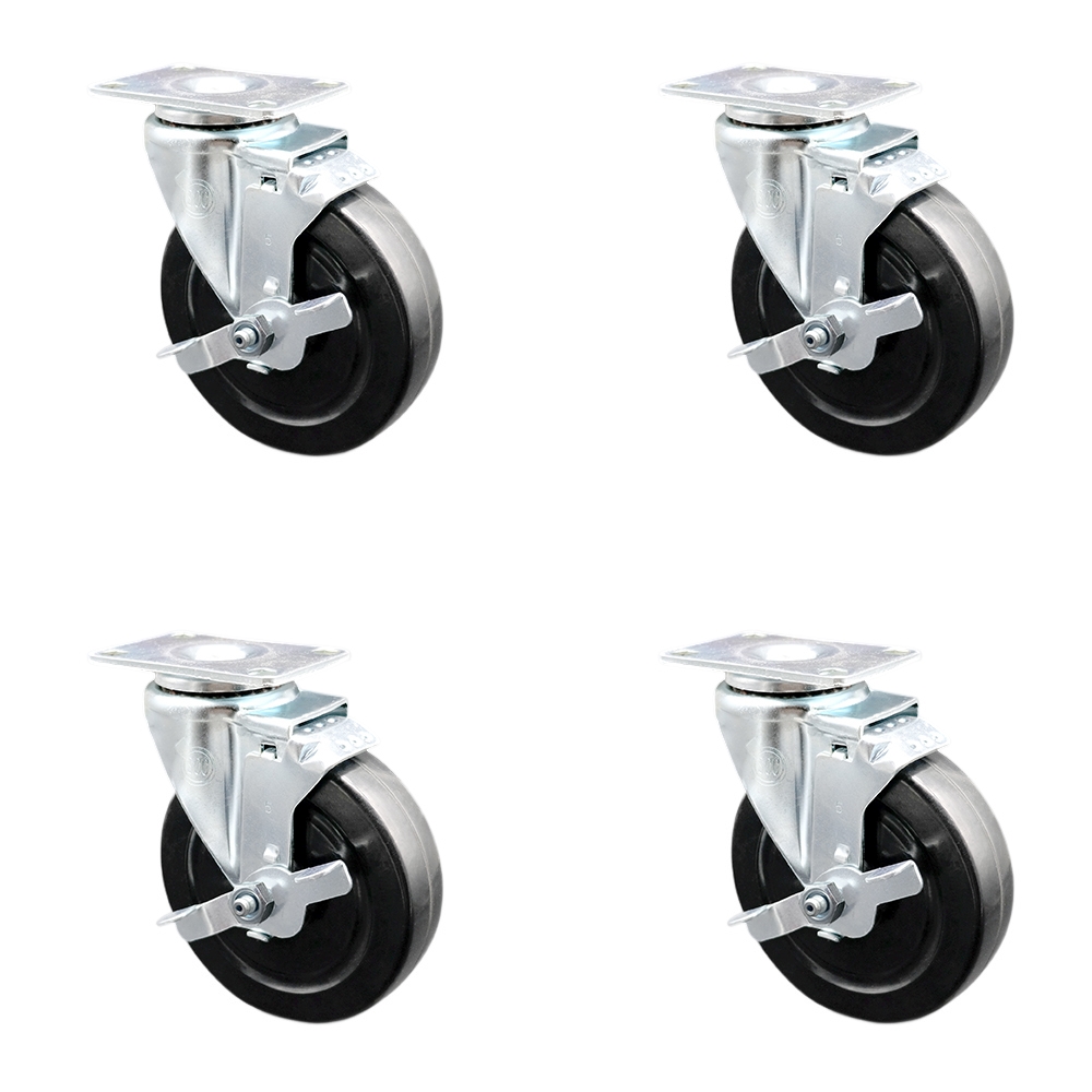 Hard Rubber Swivel Top Plate Caster Set of 4 with 5 Inch Black Wheels - Includes 4 Swivel with Top Lock Brakes - 1200 lbs. Total Capacity - Service Caster Brand — photo 1